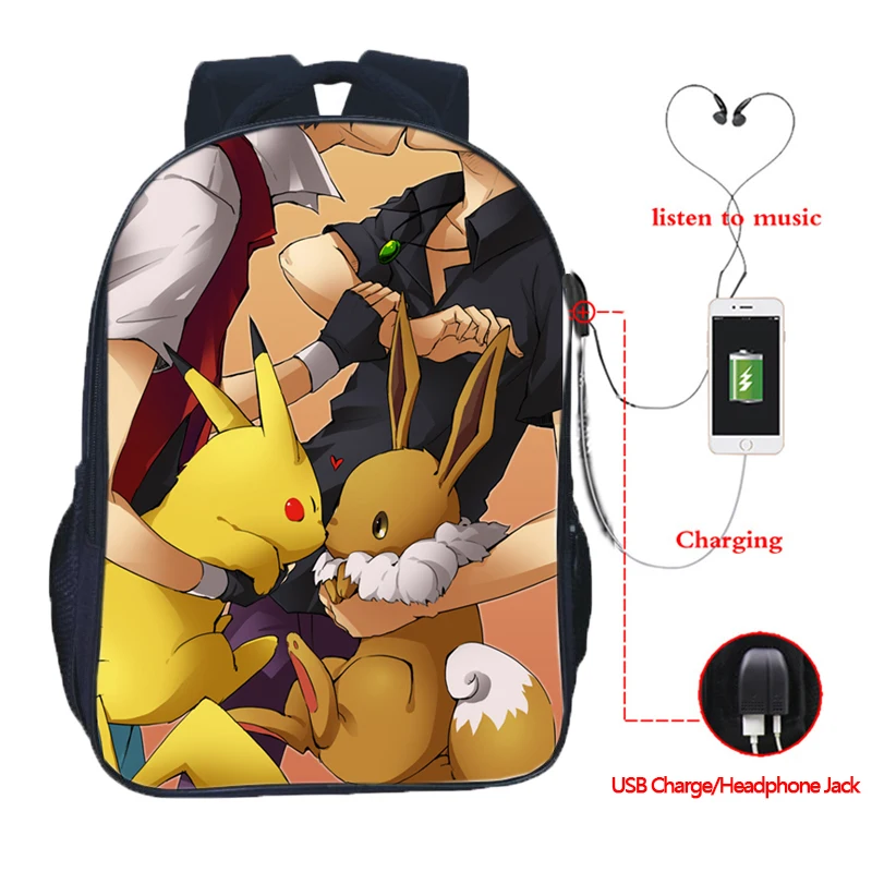 3 Pokemon GO USB зарядка школьная сумка Пикачу для мальчиков и девочек школьная сумка Eevee usb зарядка школьный рюкзак модный рюкзак с покемоном Gengar - Цвет: 3