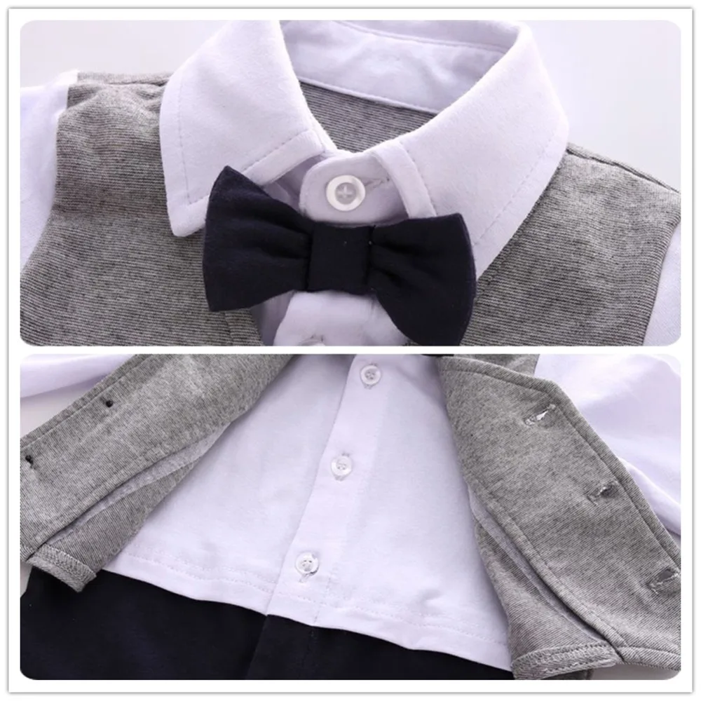 Newborn Baby Boy Gentleman Footed Romper Vest Wedding Party Tuxedo Suit Jumpsuit with Bowtie 1pc Formal Outfit Set |