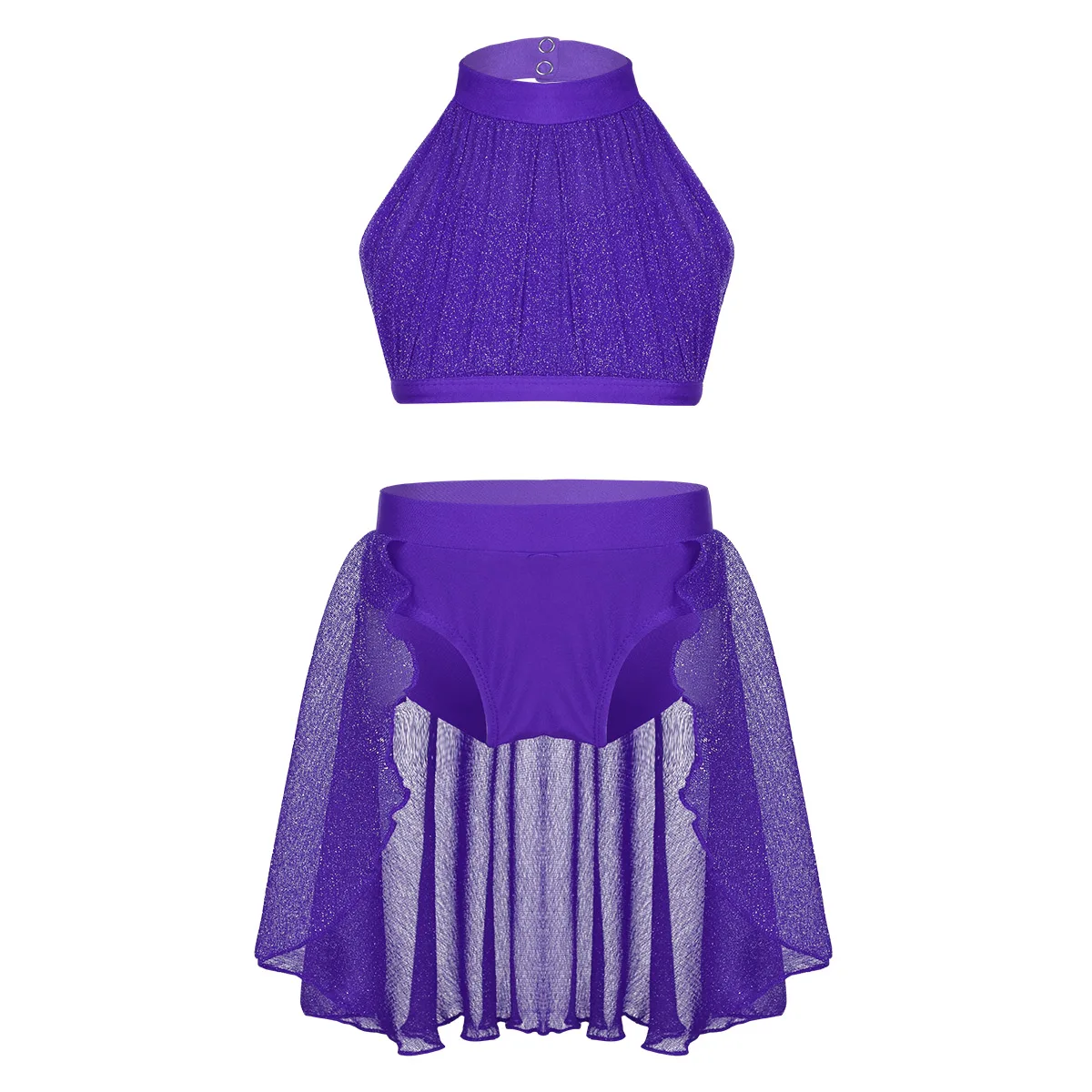 Purple Детское балетное платье для девочек, гимнастический купальник для танцев, укороченный топ с сетчатыми юбками для празднования лирического танца - Цвет: Purple
