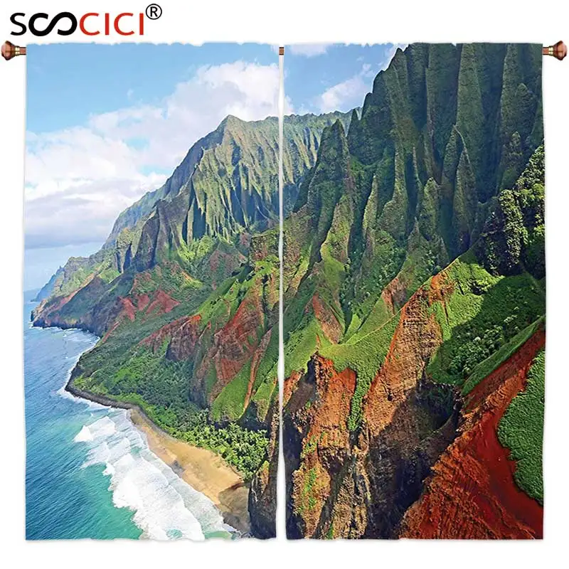 

Шторы на окна 2 панели, Гавайские украшения Na Pali Coast Kauai, Гавайская морская зелень, авантюрное путешествие