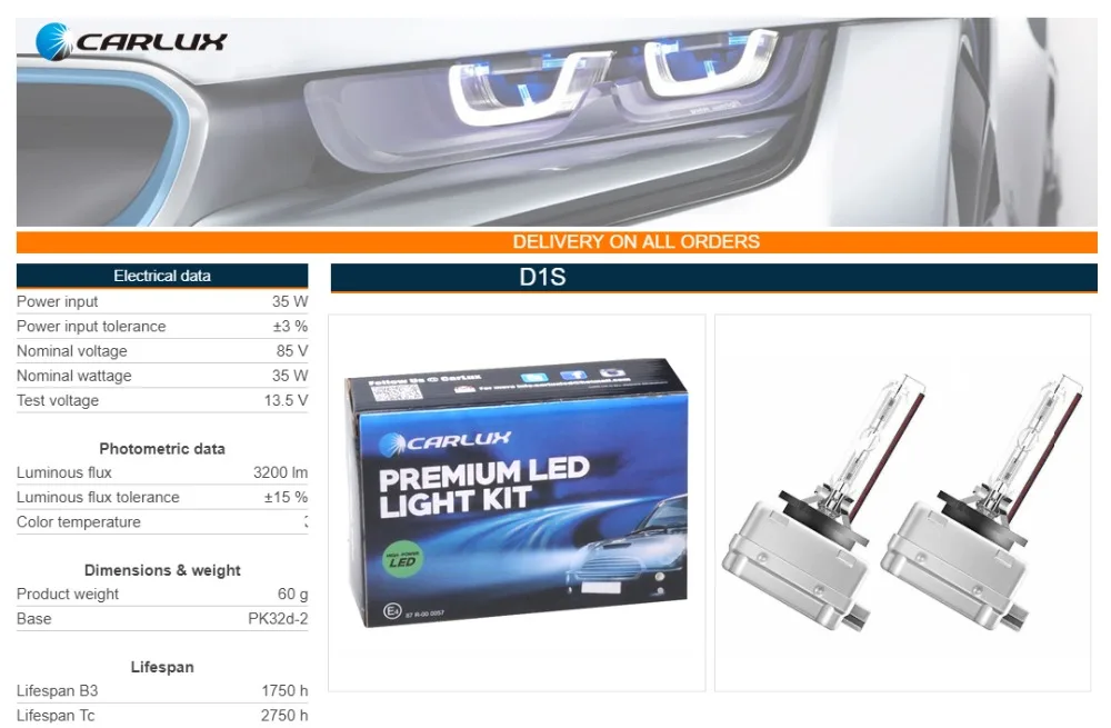 2 x D1S натуральная Carlux ксеноновая лампа 4300 K Цвет матч+ 50% PK32d-2 35 W Замена Osram Philips GE 66043 66144 85410