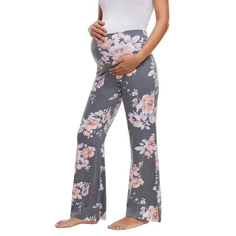 Comfortable Maternity Wide Leg Pants High Waist Lounge Pregnant Straight Pants Stretch Flower Printed Pregnancy Nursing Pants
