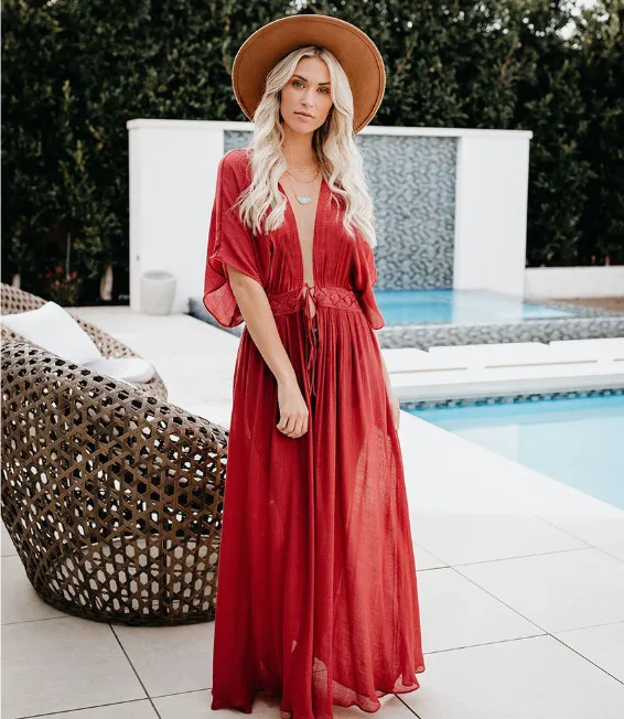 Пляжное платье бикини длинное в стиле бохо кружевное трикотажное из шифона с