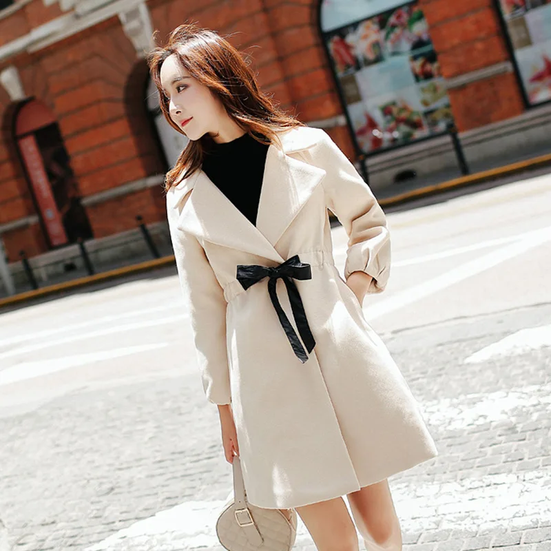 Женское шерстяное пальто однотонное длинное с отложным воротником поясом и