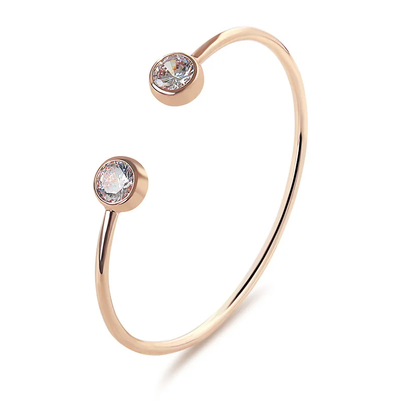 

12 Pieces/Lot Double Crystal Open Bangles For Woman Girls Copper Bracelet Simple Style Bangle Trendy Rose Gold Color Bracelets