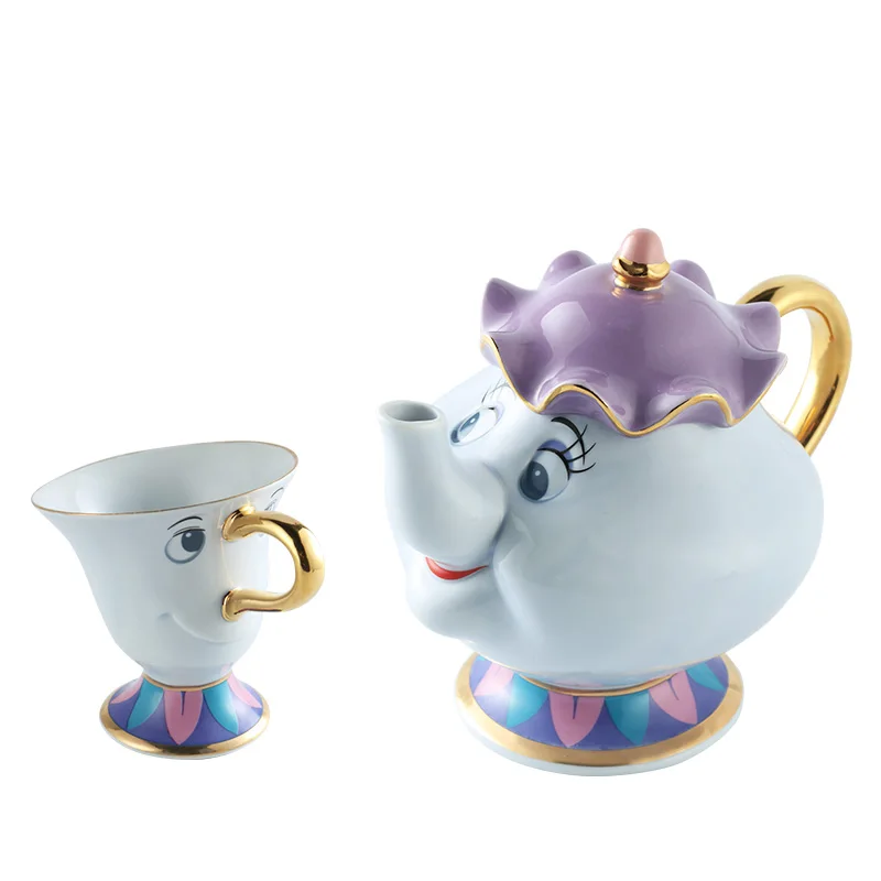 [ 1 Pot + 2 Cups+ Sugar Bowl ] Cartoon Beauty And The Beast Tea Set Mrs Potts Chip Cup Coffee Mug Cute Xmas Birthday Gift | Дом и сад