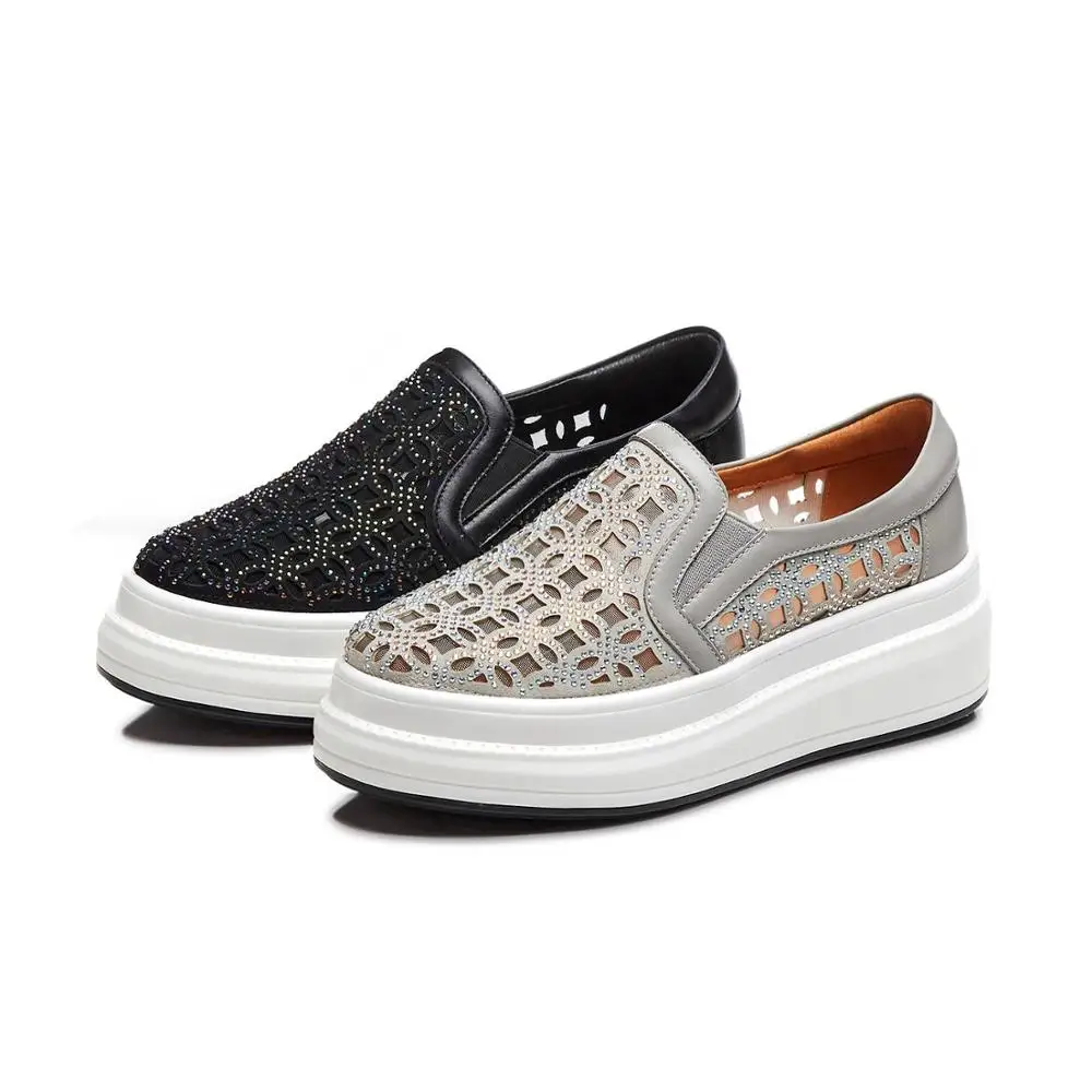 

Lenkisen real cow leather med bottom slip on round toe loafers flat platform glitter crystals studded women vulcanized shoes L58