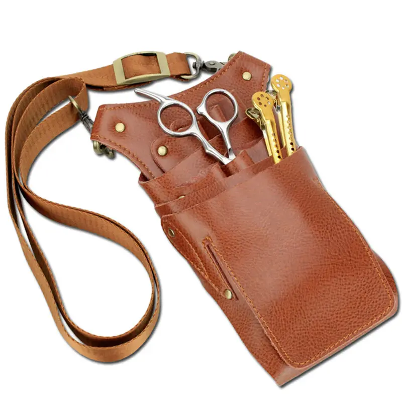 Парикмахерские ножницы черного и коричневого цвета чехол из коровьей спилковой