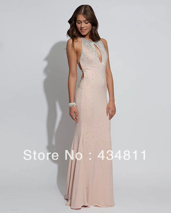 2014 New Crew Neck Center Keyhole Sleeveless Pink Mermaid Beaded Prom Dresses Criss-Cross Back Floor Length Evening Gowns | Свадьбы и