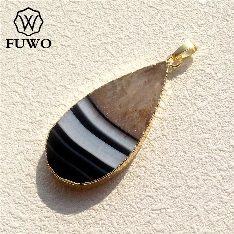 FUWO Natural Banded Agates Gem Stone Pendant 24K Electroplated High Quality Water Drop Shape Raw Crystal Jewelry Wholesale PD063 | Украшения
