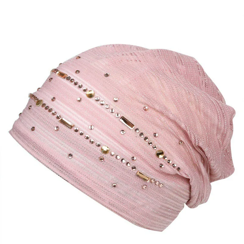 Женская тонкая шапочка Skullie украшенная стразами с кружевом дышащая для весны и