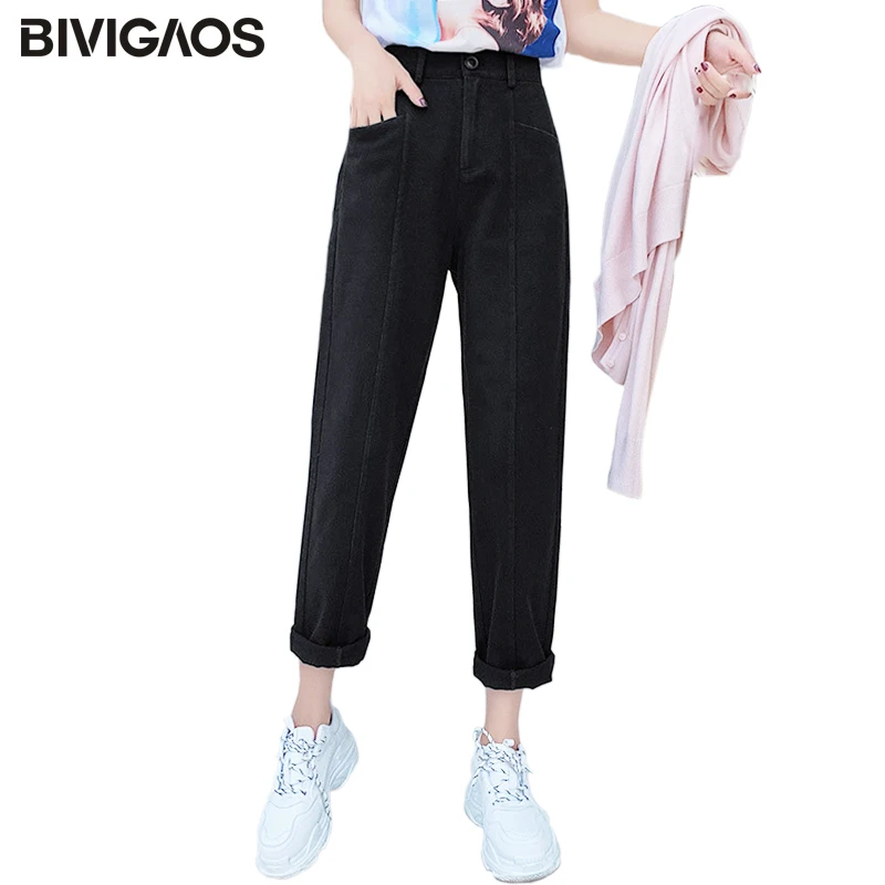 

BIVIGAOS 2019 Spring Casual Cargo Pants Women Korean Button Zipper Big Pockets Loose Pants Ladies Ninth Overalls Harem Pants