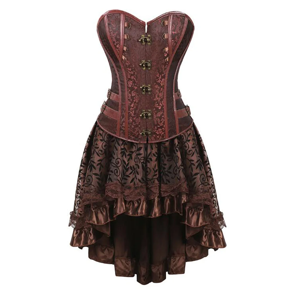 Retro Dress Женское готическое корсетное платье, винтажный комплект из 2 предметов, бодишейпер, бюстье в стиле стимпанк, платье, викторианский косплей костюм, кружевные вечерние платья - Цвет: Retro Dress