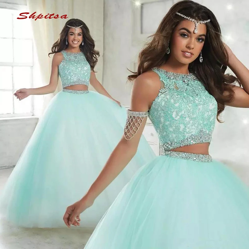 Роскошное платье Quinceanera с кристаллами бальное из 2 частей блестками Тюлевое для