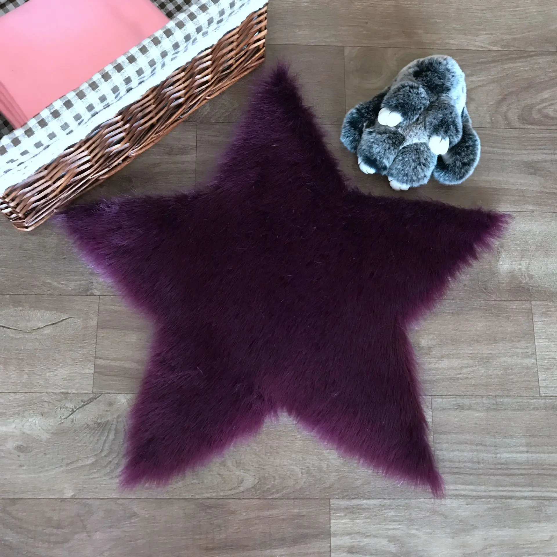 Длинный пушистый коврик синий белый розовый пятиконечная звезда меховые коврики