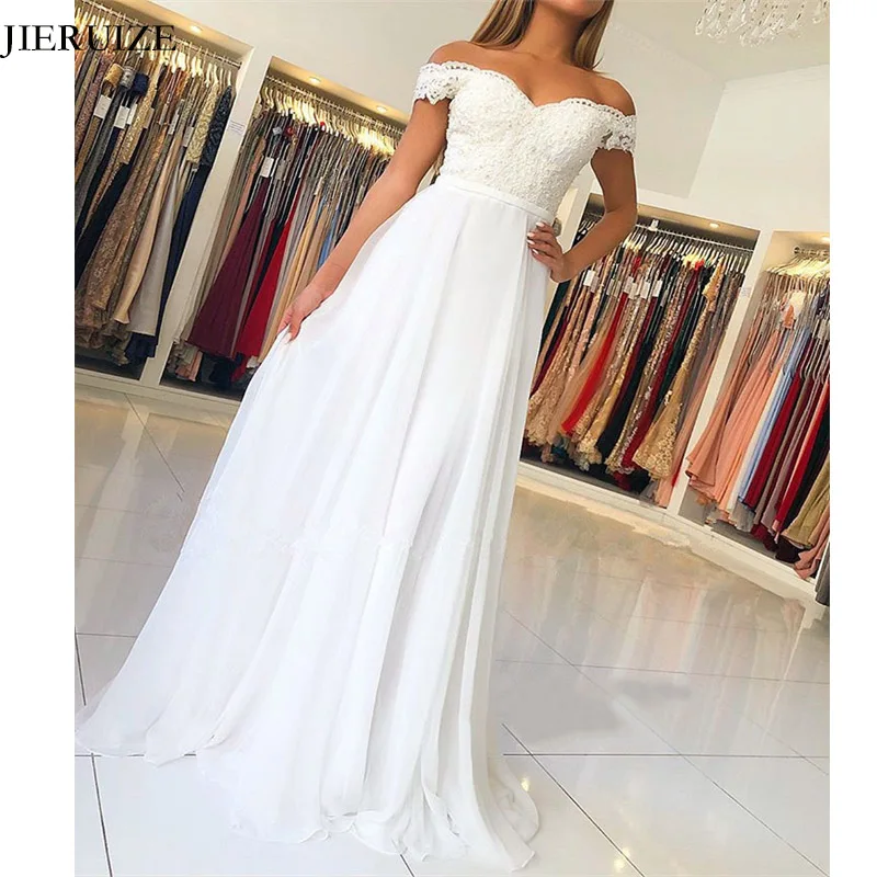 JIERUIZE White Chiffon Lace Boho Wedding Dresses Off the Shoulder Short Sleeves Summer Beach Gowns Bride | Свадьбы и торжества