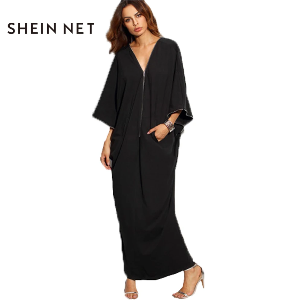 SHEINNET Новая Мода Sexy Двухместный Глубокий V Шеи Макси Dress Сплошной Черный