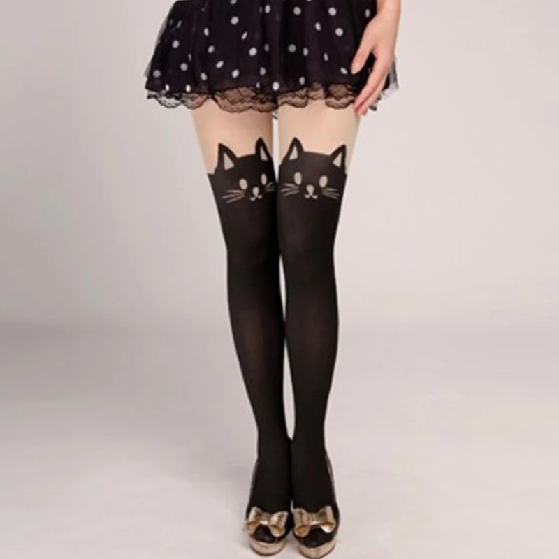 Носки до колен женщина милый кот Черный нейлон длинный участок к царапинам
