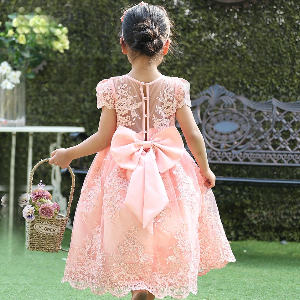 Милое розовое платье с цветочным узором для девочек детское бальное бисером и