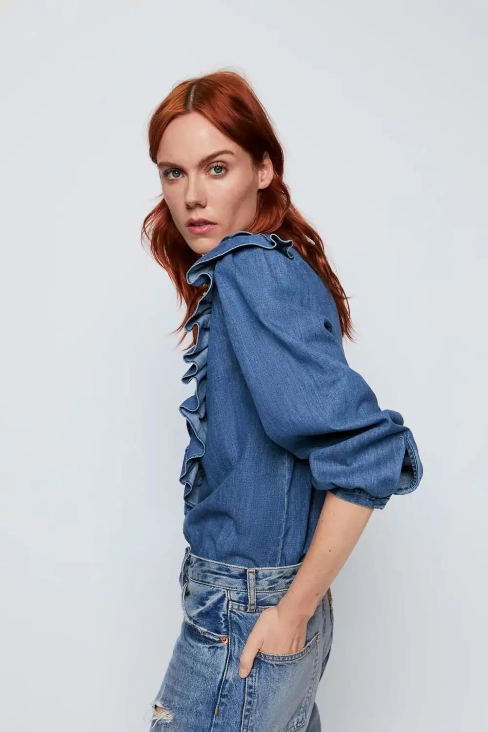 Northflow 2019 blusas блуза mujer de moda кимоно каскадные оборки однотонные джинсовые блузки с