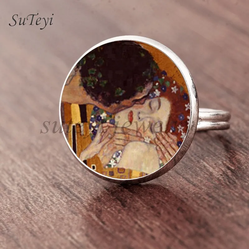 silver Suteyi, модные Камея Kiss Klimt из стекла, художественное кольцо для фото, ювелирные изделия ручной работы, регулируемый размер, кольца, подарки для девочек - Цвет основного камня: silver
