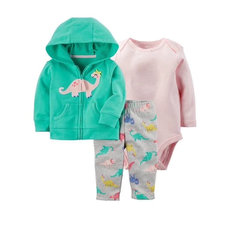 2018 New 3pcs lots Baby Boys Girls Long Sleeve bodysuit Pants dinosaur Monster 100% Cotton Fleece Hooded jacket Out Cloth Sets | Детская