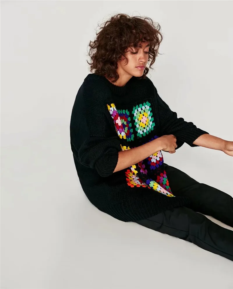 Женский свитер в стиле бохо 2017 Зимний вязаный пуловер клетку с цветочным узором и