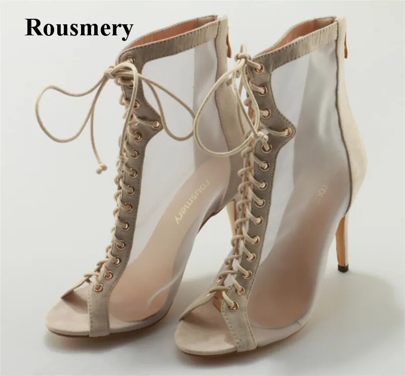 

Женские Новые Модные ботильоны из сетчатого материала с открытым носком на шнуровке короткие открытые ботинки с вырезами на высоком каблуке обувь высокого качества