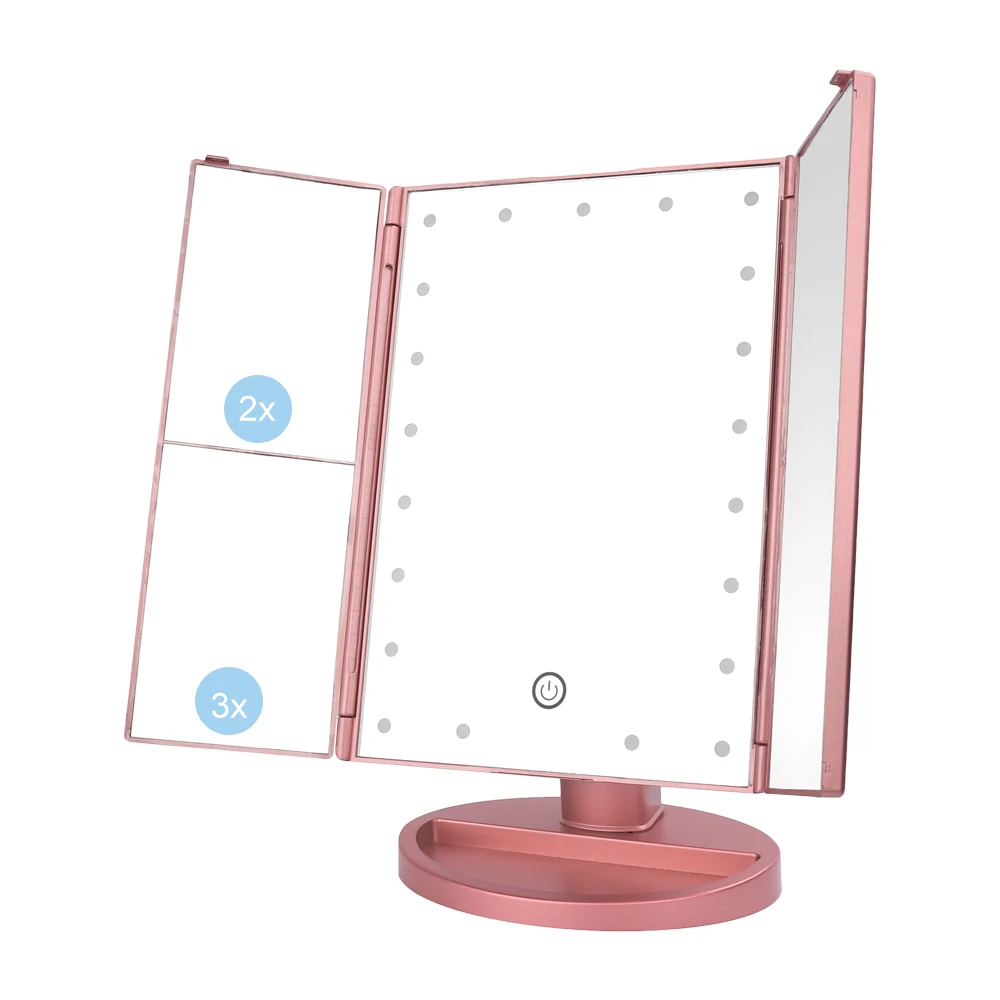 Rose Gold 180 градусов 3 складной регулируемое зеркало для макияжа с светодиодный светильник макияж зеркало светодиодный Сенсорный экран 1X/2X/3X увеличительное косметическое зеркало - Цвет: Rose Gold