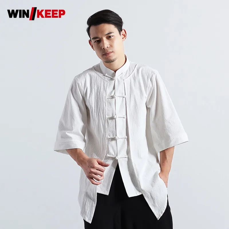 

Chinese Kung Fu Shirt Trainer Mens Cotton Linen Breathable Loose Sportswear Tops Wing Chun Martial Arts Half Sleeve Shirts White