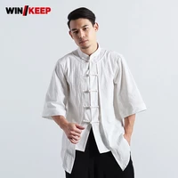 chinese kung fu shirt trainer mens cotton linen breathable loose sportswear tops wing chun martial arts half sleeve shirts white