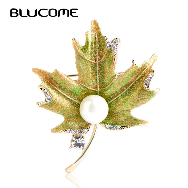 

Blucome Maple Leaf Shape Brooches Gold-color Simulated Pearl Plant Brooch Hijab Pins Enamel Golden Powder Sweater Scarf Buckle