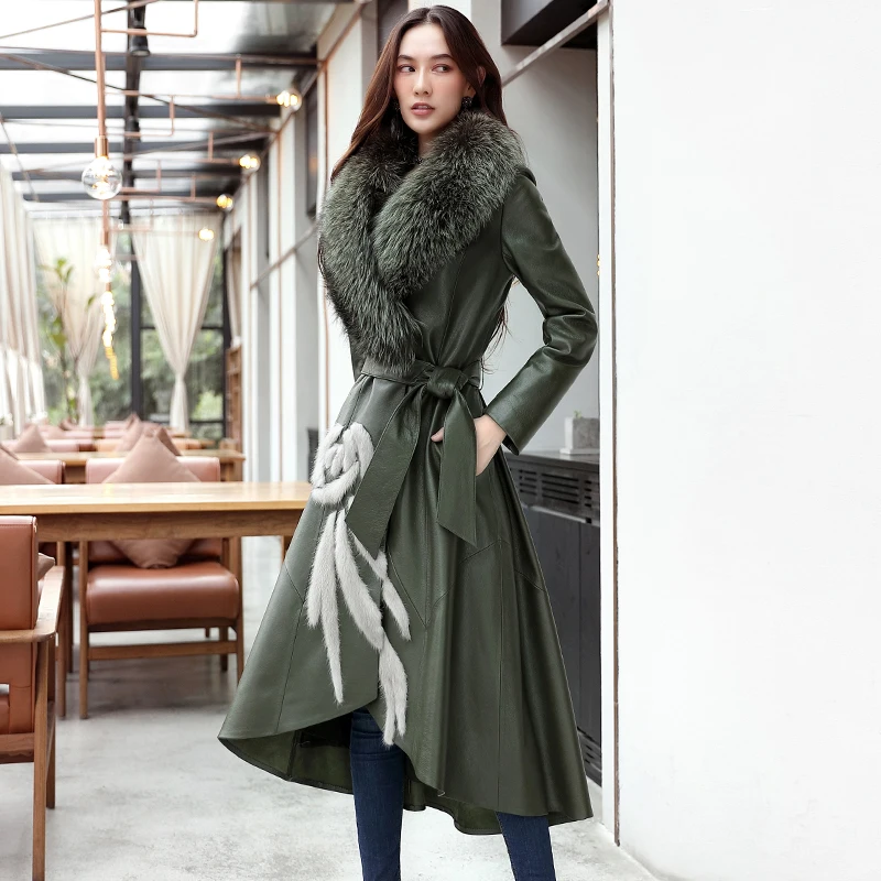 army green Женская куртка из натуральной кожи, зимнее пальто для женщин, норковый меховой воротник, пуховик из овчины, корейские длинные приталенные пальто ZT388 - Цвет: army green