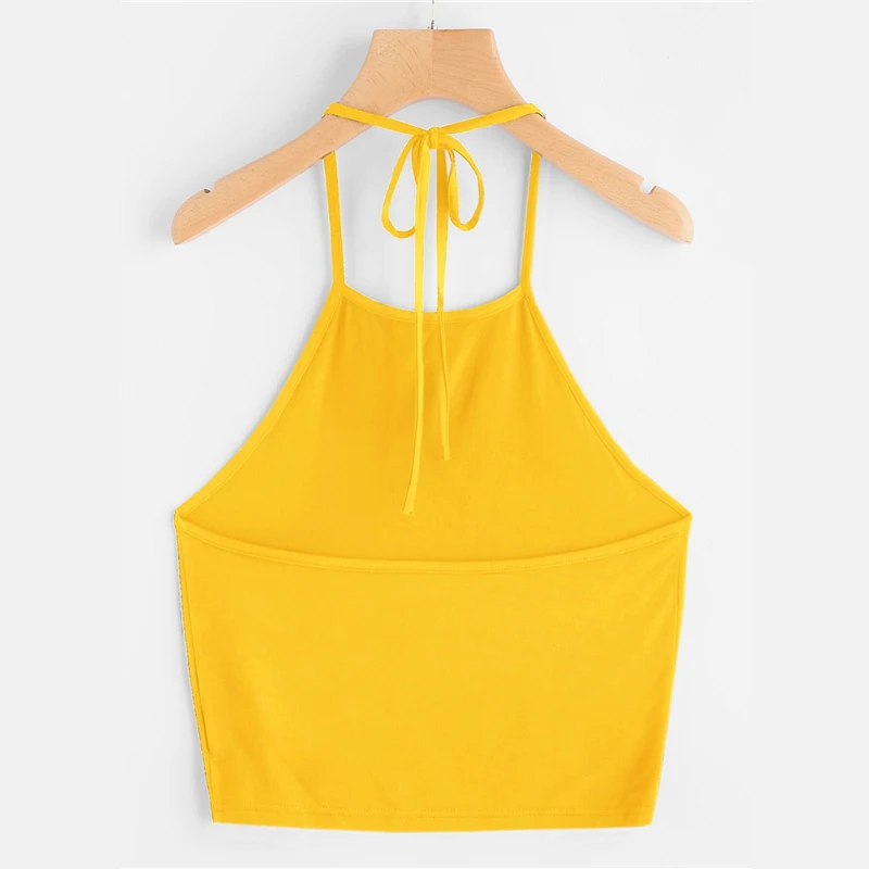 SHEIN, Boho, сексуальный, с завязками, на шее, Одноцветный, укороченный, топик, женский, летний, тонкий, на бретелях, с открытой спиной, для девушек, базовые Топы на бретельках