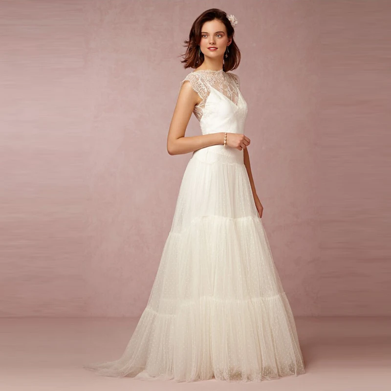 2017 Романтический Богемия Тюль Свадебные Платья Sheer Вернуться Летний Пляж Кружева