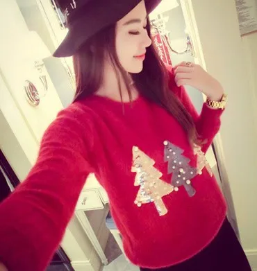 2015 New Year Christmas 3Colors Women Sequins Bead Mohair Knitted Winter Warm Dress Crochet Sweater Pullover Jersey Mujer 353# | Женская
