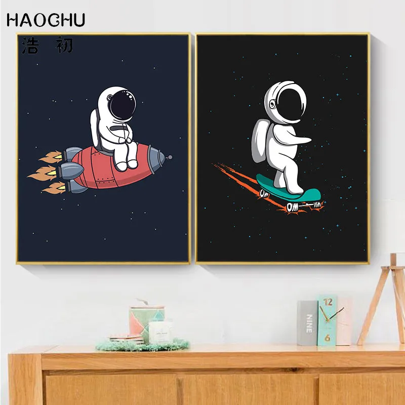 HAOCHU космическая сцена Луна печать рисунка картина на черном холсте для мальчиков