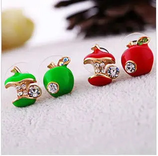 Min order $12 (mix order) Girls Fashion Enamel Red Bitten Apple Rhinestone Asymmetric Earrings Studs | Украшения и аксессуары