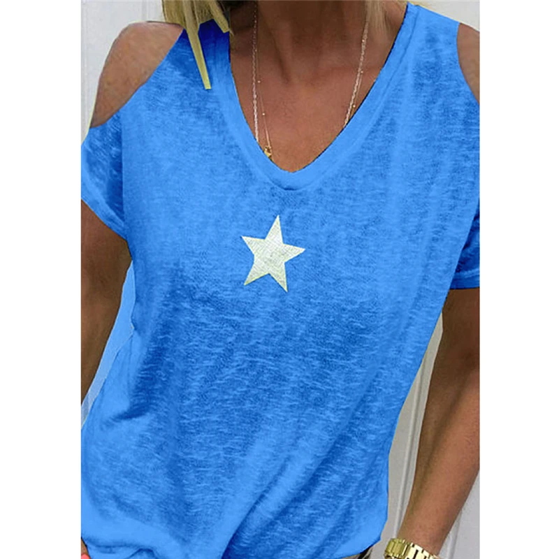 Женские летние футболки с открытыми плечами и принтом звезды повседневные