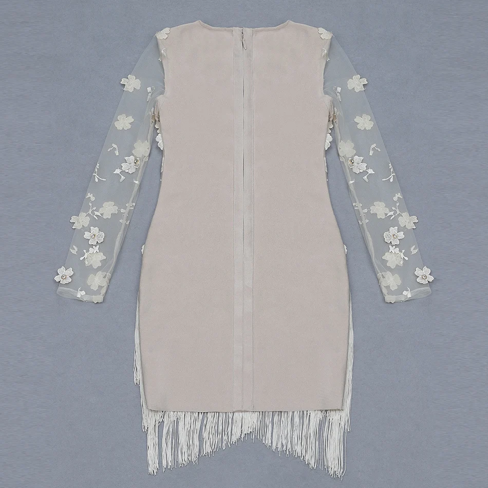 Модное кружевное мини-платье с бахромой длинным рукавом сексуальное телесного