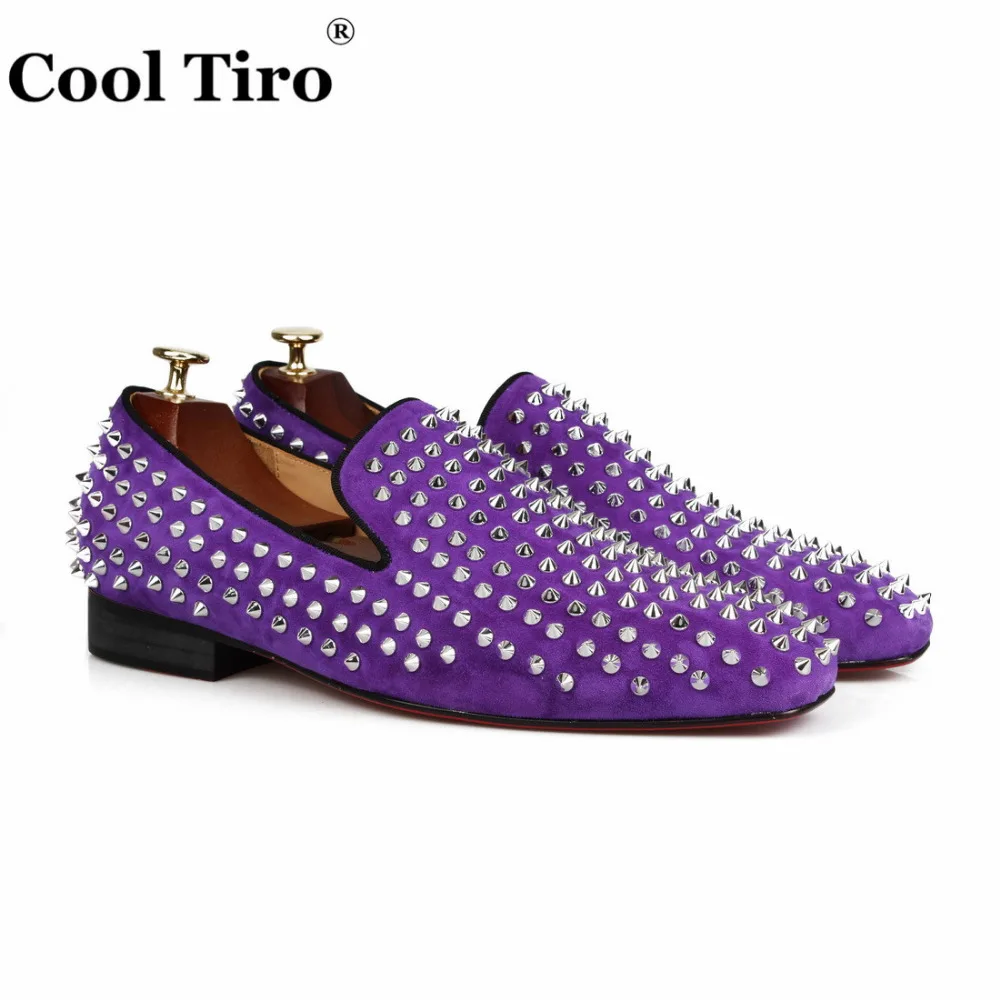 COOL TIRO 2018 new Purple suede leather men handmade shoes with spikes Fashion Party loafers men's flats | Обувь