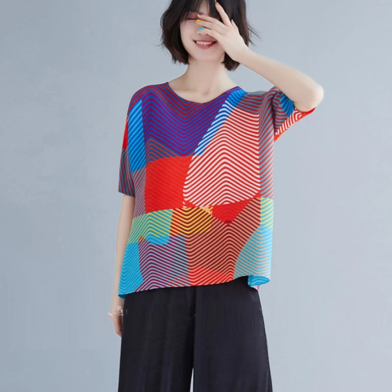 Changpleat 2019 летние новые женские футболки в полоску с принтом топы miяка