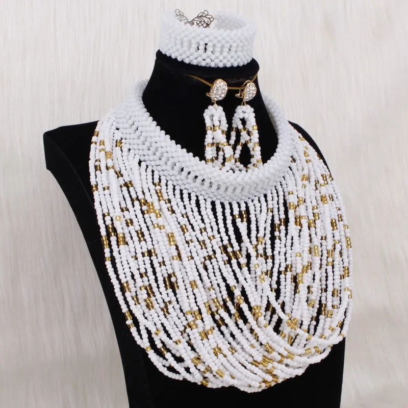 white and gold Dudo ювелирные украшения свадебные наборы морской синий и белый кисточкой ручной работы свадебное ожерелье 3 шт. Африканский набор нигерийских бусин - Окраска металла: white and gold