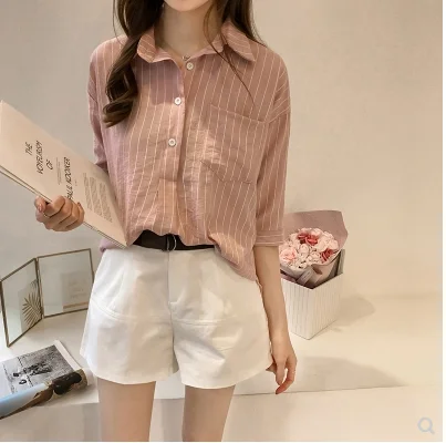 OL/Весенняя блузка рубашка в полоску с тремя карманами и отложным воротником