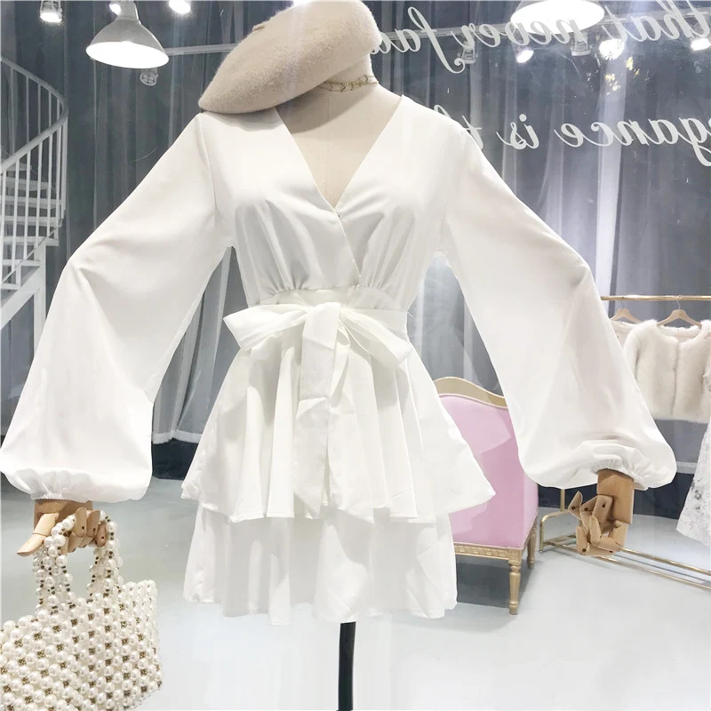 ALPHALMODA Осенний комбинезон с длинными рукавами и поясом-бантом, Одноцветный облегающий женский модный комбинезон с глубоким v-образным вырезом