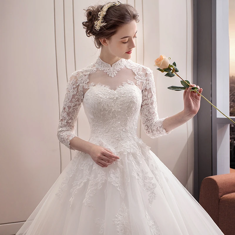 Vestido de Noiva Высокая шея Винтаж свадебное платье одежда с длинным рукавом свадебные