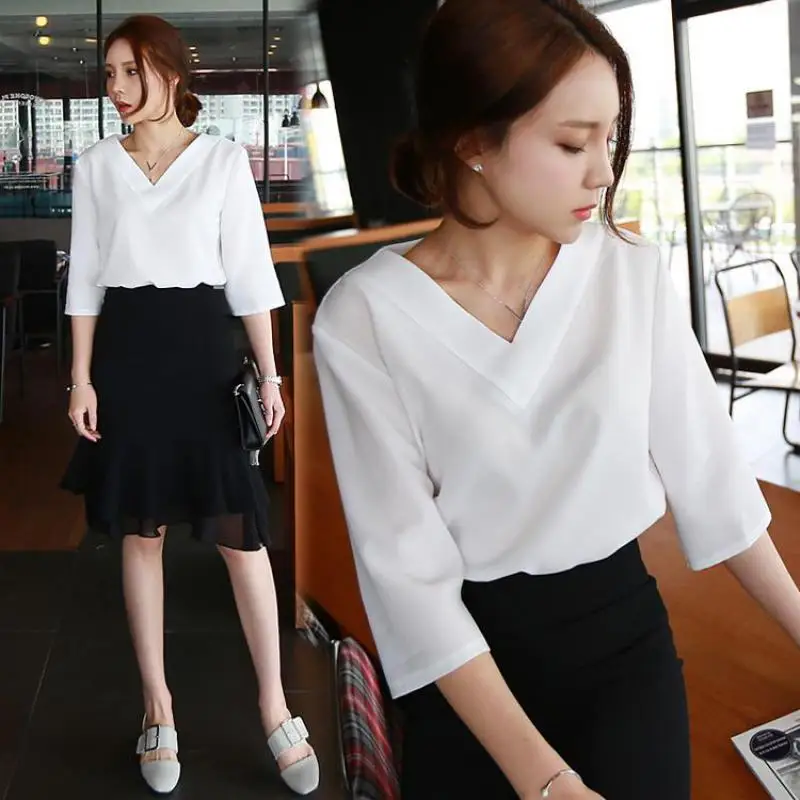 Лето 2016 Топы v-образным вырезом Шифоновая блузка рубашка женщин женские офисные