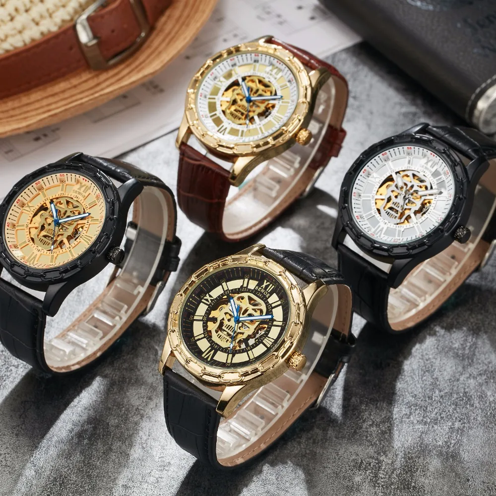 Часы SEWOR мужские механические автоматические с кожаным ремешком Роскошные