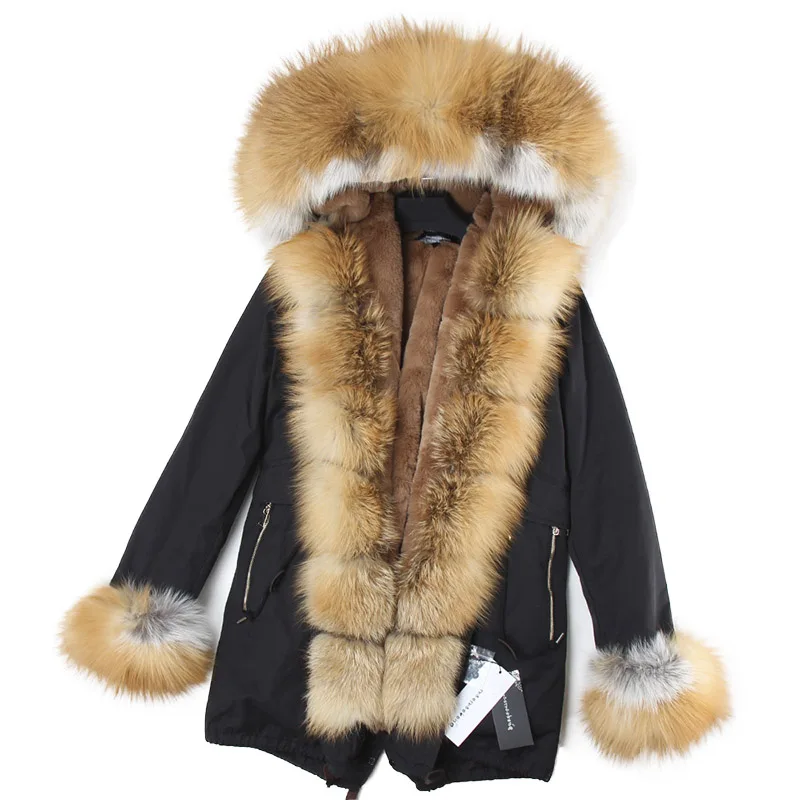 2018 Brand Long Real Fox Fur Coat With Detachable Collar Womens Winter Jackets Thick Warm Fur Lined Parka Natural Fur Coats