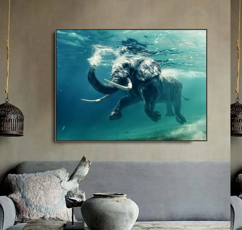 Laeacco Elephant swimming Poster Prints Canvas Painting Living Room House Decoration Wall Art Home Decor Painting Picture